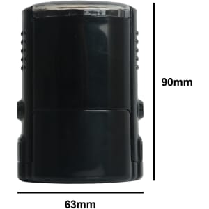 A black self-inking stamp with a clear top, measuring 90mm in height and 63mm in diameter.