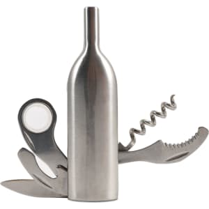A drink bottle opener in silver, featuring a corkscrew, knife, bottle cap opener, and scissors in a compact design.