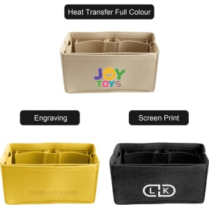 A beige felt bag organiser with multiple compartments, alongside a yellow and a black version, featuring logos.
