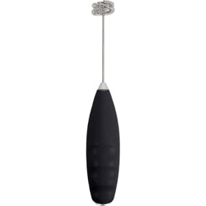 A black milk frother with a stainless steel whisk attachment and a sleek ergonomic design.