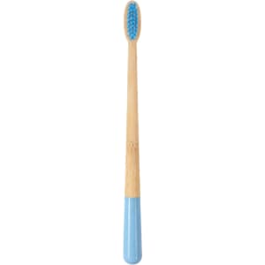A large conical handle toothbrush with a blue head and bamboo handle, featuring a logo on the handle.