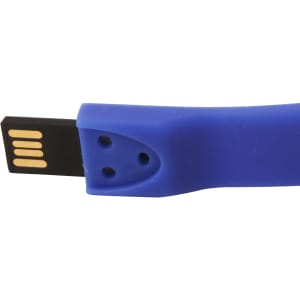 A blue silicone watch flash drive with a USB connector at one end and a logo on its surface.
