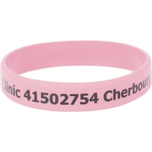A pink silicone wristband featuring printed text and a logo. Ideal for promotional events or exhibitions.