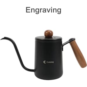 A stainless steel pour over kettle in black with a wooden handle and a wooden knob on the lid.