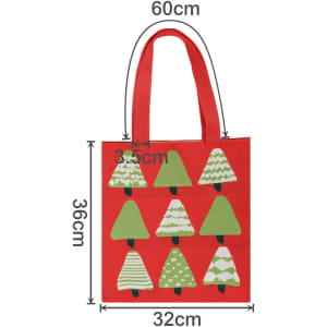 A red tote bag featuring green Christmas tree designs, with dimensions of 60cm by 36cm. It has a logo.