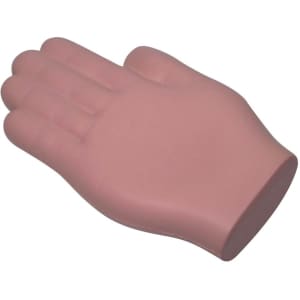 A palm-shaped stress reliever in a soft pink hue, featuring a smooth texture. It has a logo on one side.