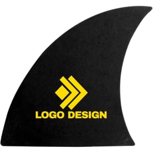 A black surfboard fin with a yellow logo and design on the side.