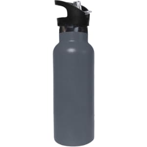 A drink bottle in grey with a black flip valve lid, featuring a sleek double wall vacuum design.