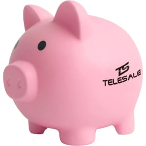 A pink PVC piggy coin bank with black dots for eyes and a branding logo on its side.