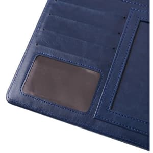 A4 Business Compendium in navy blue featuring card slots and a clear ID pocket. It has a smooth, leather-like texture.