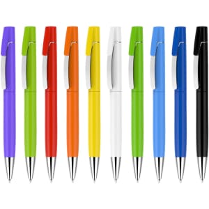 A collection of plastic pens in purple, green, red, orange, yellow, blue, white, and black, featuring a chrome clip and barrel.