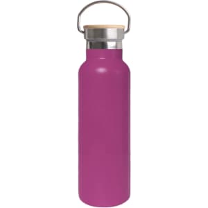 A drink bottle featuring a vibrant purple finish, double wall vacuum insulation, and a bamboo lid with a handle.
