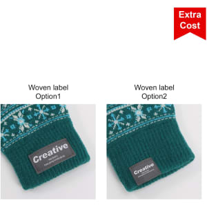 Two pairs of adult jacquard gloves in teal with patterned designs and woven labels, featuring two different label options.