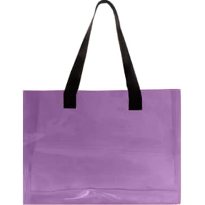 A purple clear tote bag with black handles, featuring a branding logo.