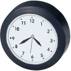 A black and white clock-shaped stress reliever with clock face markings and hands, designed for stress relief.