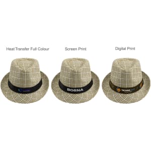 A breathable woven straw hat in beige with different band designs. Each hat features a logo on the band.