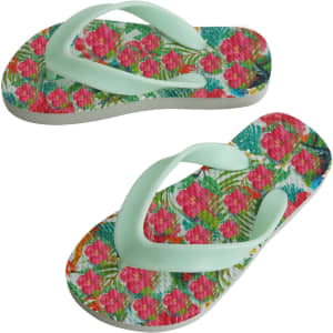 Rubber thongs in mint green featuring a vibrant floral pattern of pink flowers and green leaves.