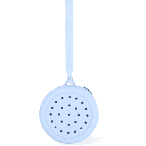 A round light blue silicone pouch featuring multiple holes and a strap for easy carrying. It has a logo.