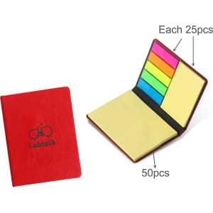 A red PU sticky notes memo holder featuring various coloured sticky notes inside, including yellow and pastel shades, with branding.