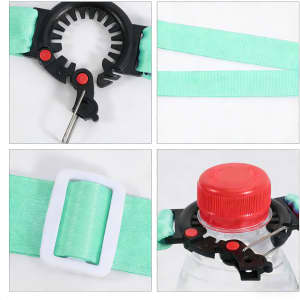 A drink bottle lanyard in mint green with a black clasp and red accents, designed to hold a water bottle securely.