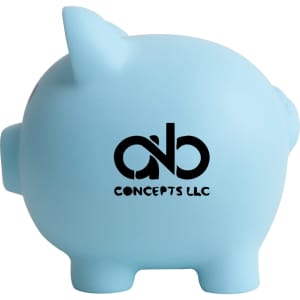 A blue PVC piggy coin bank with a simple design and a branding logo on the side.