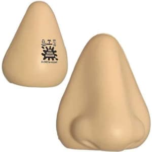 A beige, nose-shaped stress reliever featuring a logo on one side. Ideal for fun and stress relief.