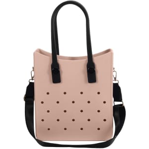 A pink EVA tote bag with black handles, featuring perforated holes and a detachable shoulder strap.