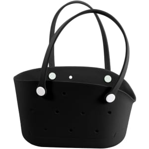 A black EVA tote bag with cut-out holes and two handles, featuring a simple design and a branded logo.