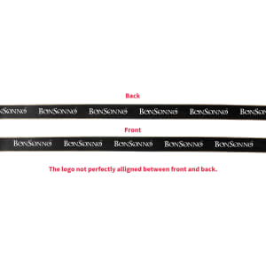 A ribbon featuring a gold-edged design with a black background and repeated branding on both sides.