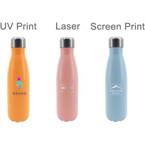 A drink bottle display featuring three recyclable stainless steel bottles in orange, pink, and blue, each with a logo.