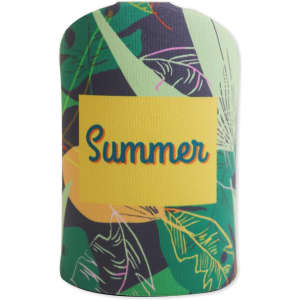 A drink bottle holder in green with tropical leaf patterns and a yellow label. Features a logo on the front.