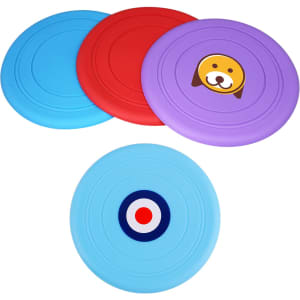 Four silicone frisbees in blue, red, and purple, featuring a dog design and a circular logo.