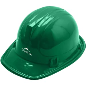 A green PVC construction hat with a glossy finish and a logo on the side.
