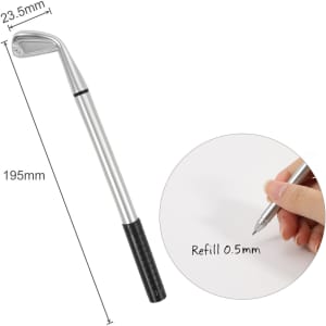 A golf club-shaped pen in silver with a black grip, measuring 195mm in length. Includes a 0.5mm refill.