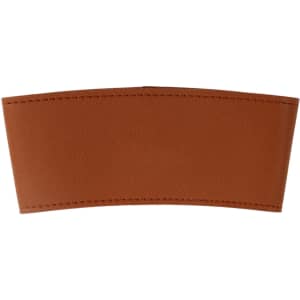 A brown leather cup sleeve with stitched detailing and a smooth finish.