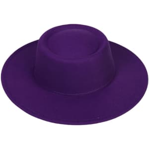 A purple flat top felt fedora hat with a wide brim. The hat features a simple design and no visible logos.