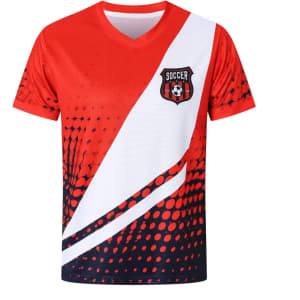 A red and white sublimated football jersey with a circular pattern and a logo on the chest.