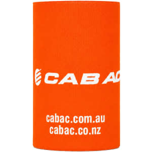 An orange stubby holder with a logo, designed for drinkware.