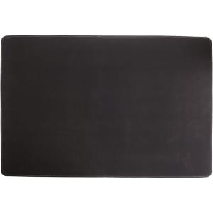 A black rubber counter mat with a smooth surface, featuring a branding logo.