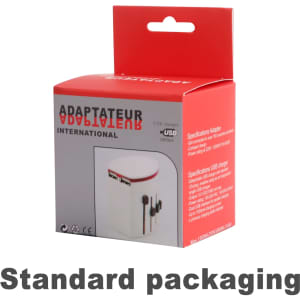 A travel adapter with USB ports in a white and red box, featuring a logo on the packaging.