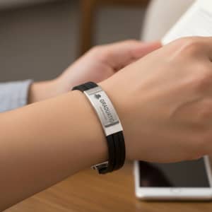 A black multi-layer leather bracelet featuring a silver clasp and an engraved plate.