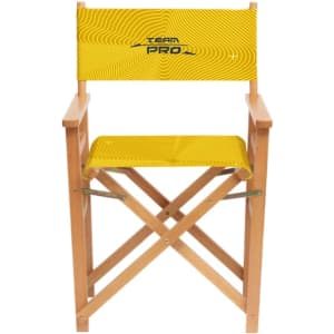 A director's chair with a yellow fabric seat and backrest, featuring a logo, and wooden frame.