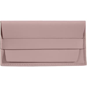 A pink PU leather glasses pouch with a simple design and a rear pocket, featuring a logo.
