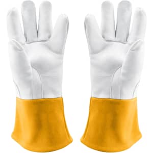 A pair of heat-resistant gloves with yellow cuffs and white palms, featuring a textured surface.