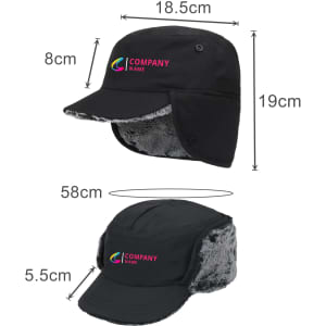 A thickened earflap hat in black with fur lining and a logo, featuring dimensions for size reference.
