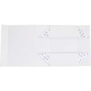 A foldable magnetic box in white with adhesive corners, designed for packaging with an elegant ribbon.