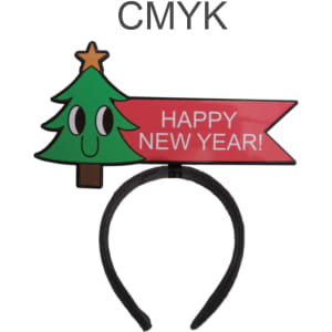 A glossy-coated headband featuring a Christmas tree design with a red banner that reads "Happy New Year!"