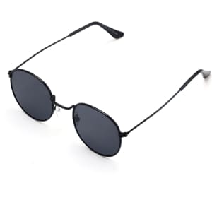 Classic metal sunglasses with round black lenses and a sleek black frame. They feature slim arms and a minimalistic design.