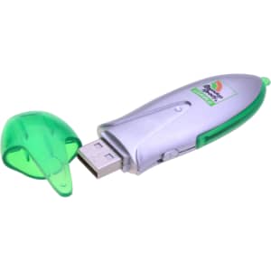 A green and silver flash drive with a removable cap and a logo on its surface.