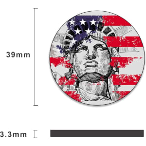 A circular poker chip featuring a design of the Statue of Liberty with a red and blue American flag background.